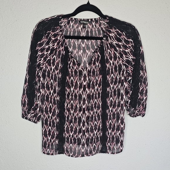Express Sheer Abstract Multicolor Print Black Lace Accents‎ Size XS - Picture 1 of 8